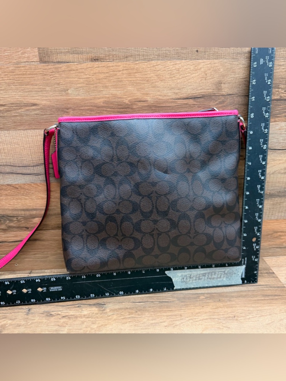 Coach Dark Brown Signature Crossbody with Bright Pink Trim - Picture 6 of 7